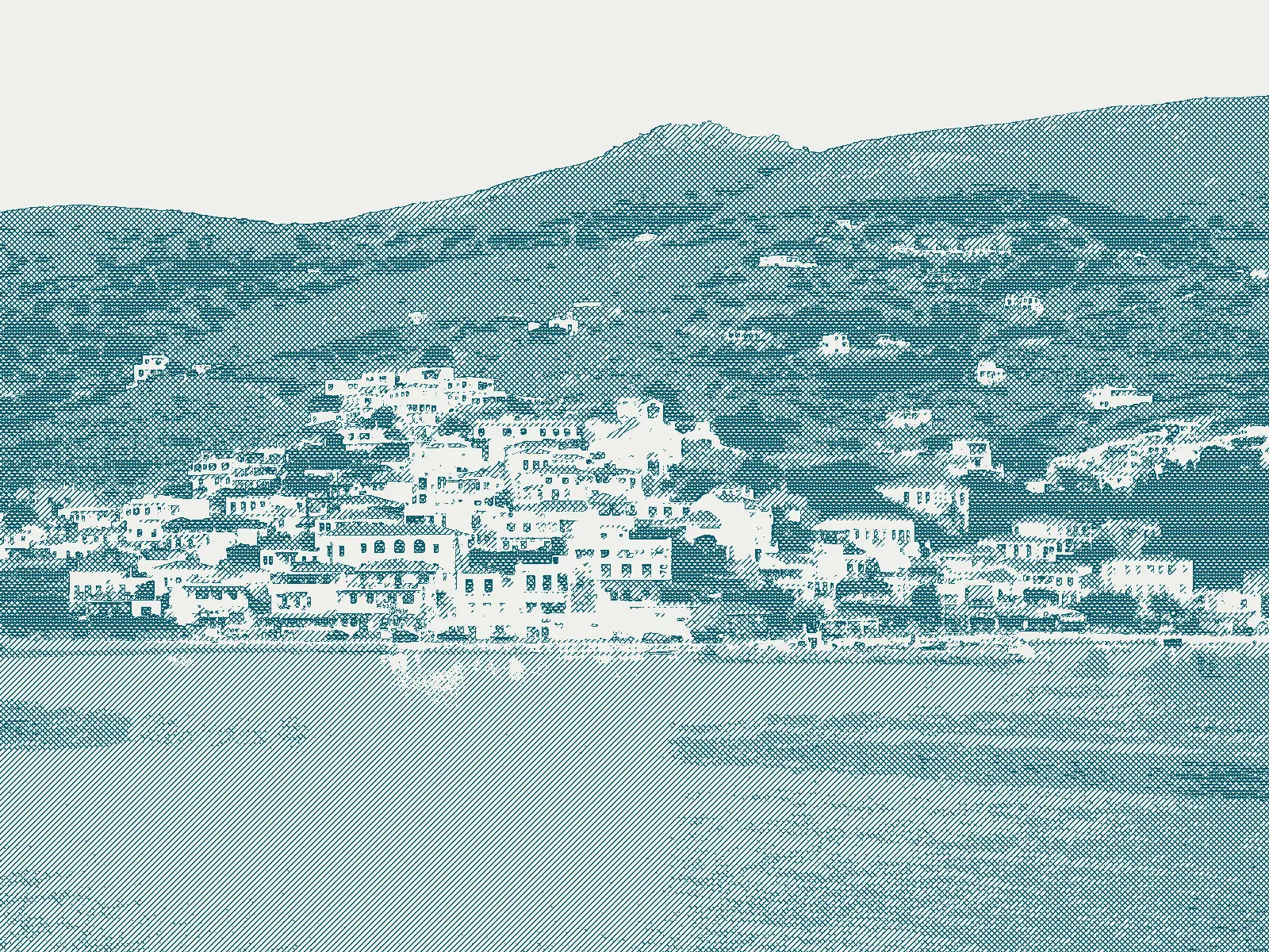 Engraving-style illustration: Batsi village above its bay, Andros